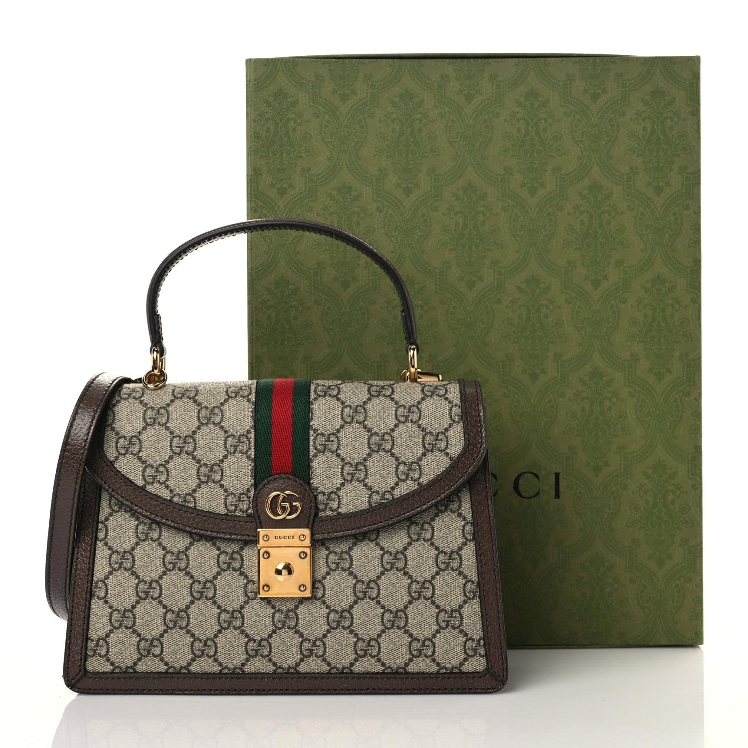 Gucci GG Supreme Monogram Textured Dollar Calfskin Web Small Ophidia Padlock Top Handle Bag Beige Ebony New Acero 10 of 10