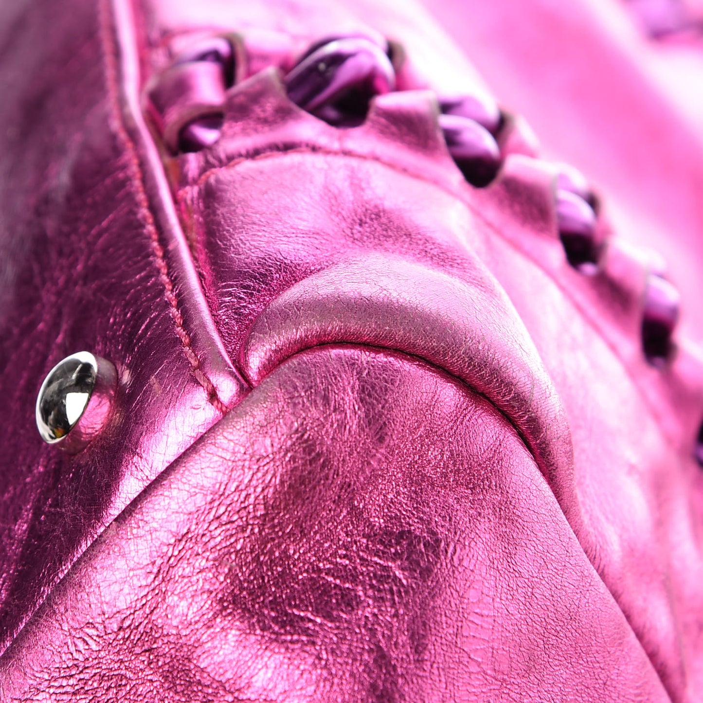 Metallic Cracked Calfskin Small Modern Chain Tote Fuchsia