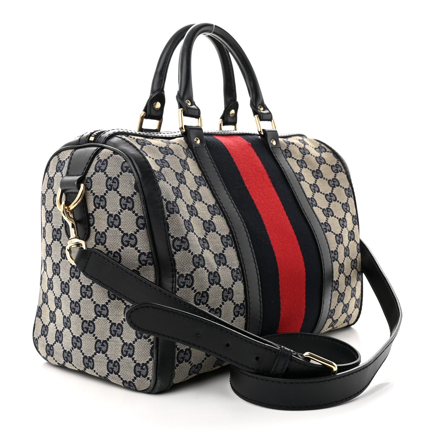 Gucci Monogram Selleria Calfskin Vintage Web Medium Boston Beige Blue 3 of 16