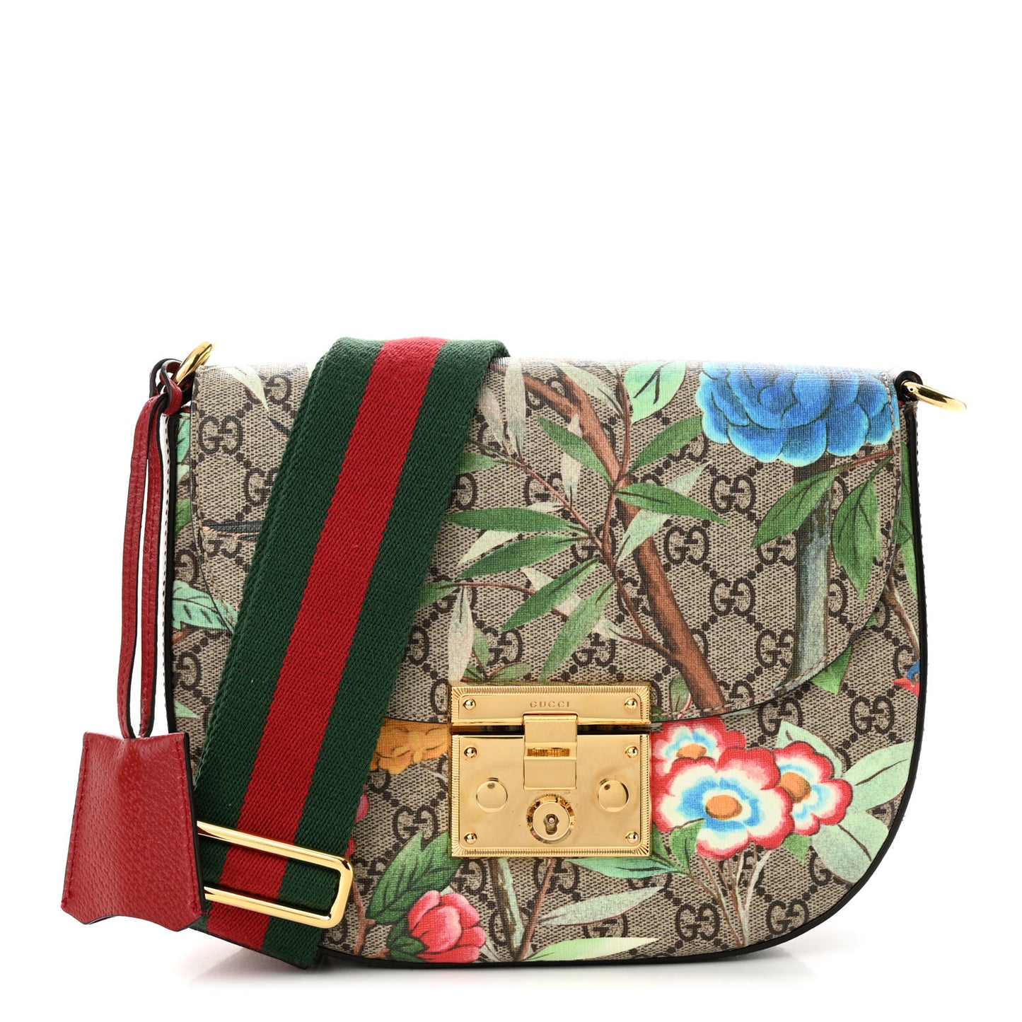 GG Supreme Monogram Tian Web Medium Padlock Messenger Shoulder Bag Beige Multicolor New Acero