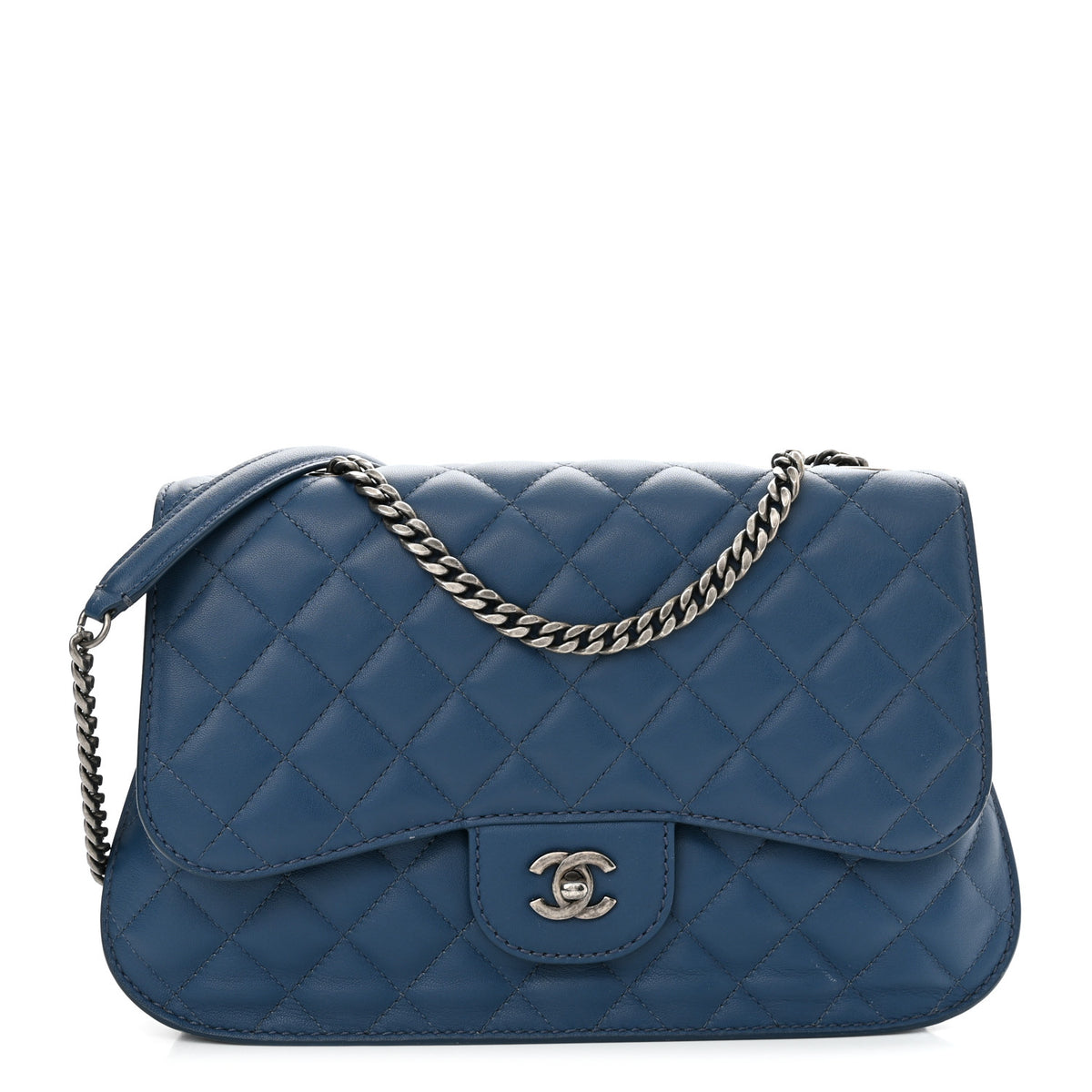 Lambskin Quilted Large Natural CC Flap Navy