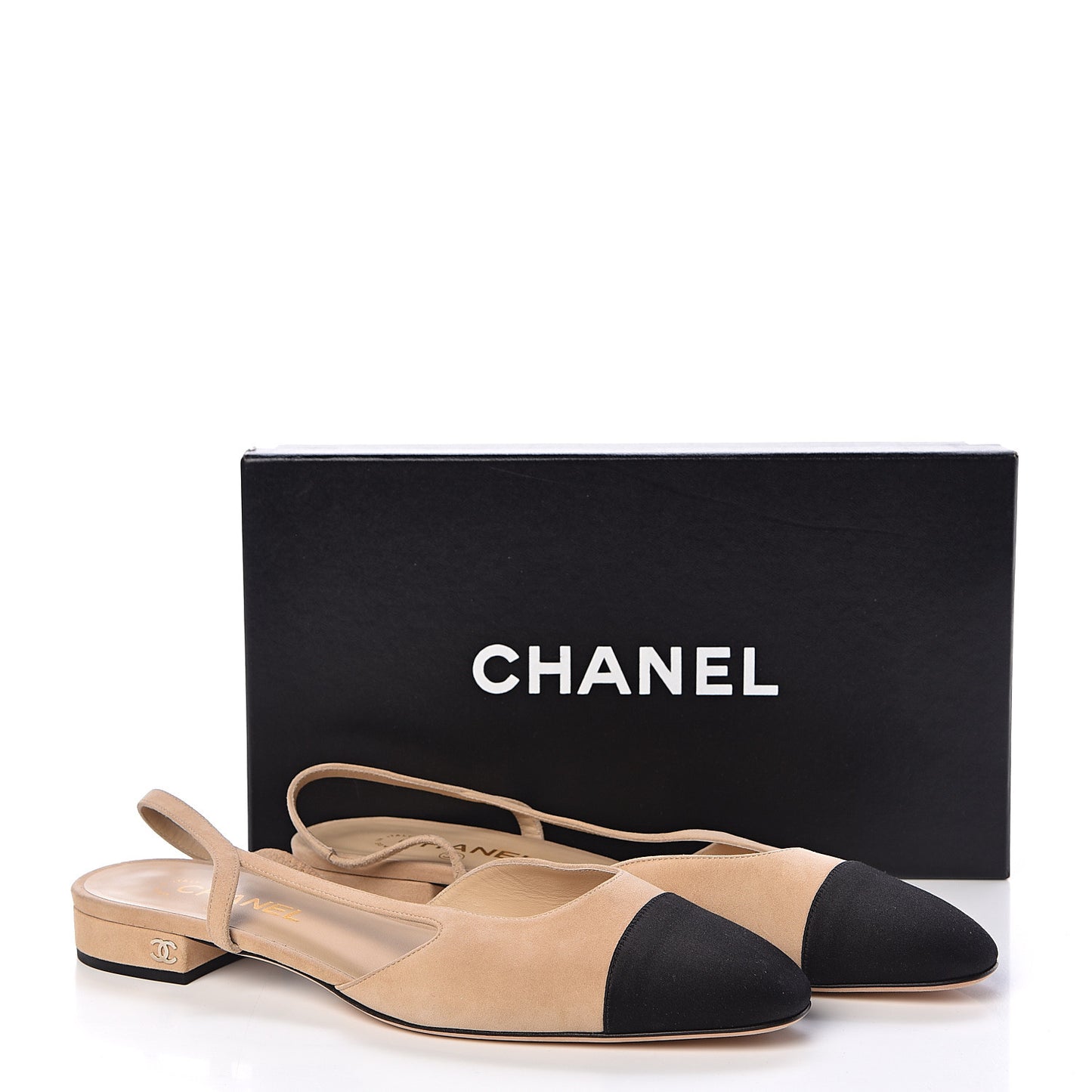 Kid Suede Satin Cap Toe CC Slingback Pumps 40.5 Beige Black