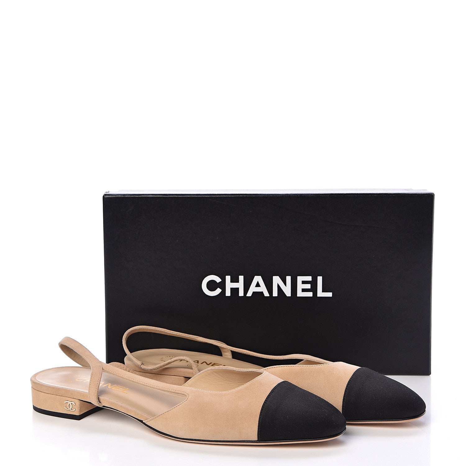 Chanel Kid Suede Satin Cap Toe CC Slingback Pumps 40.5 Beige Black 9 of 9