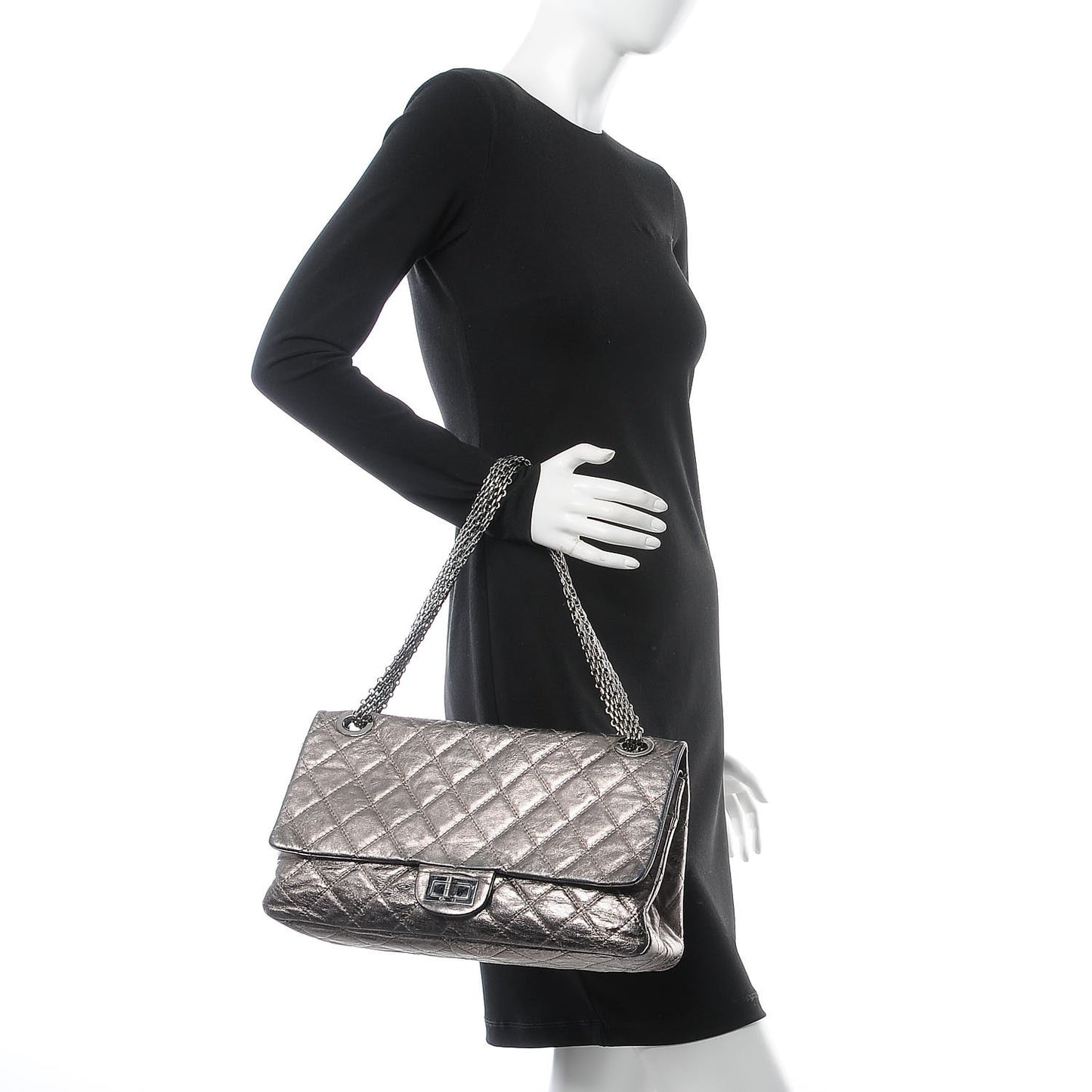 Metallic Aged Calfskin Quilted 2.55 Reissue 228 Flap Dark Silver