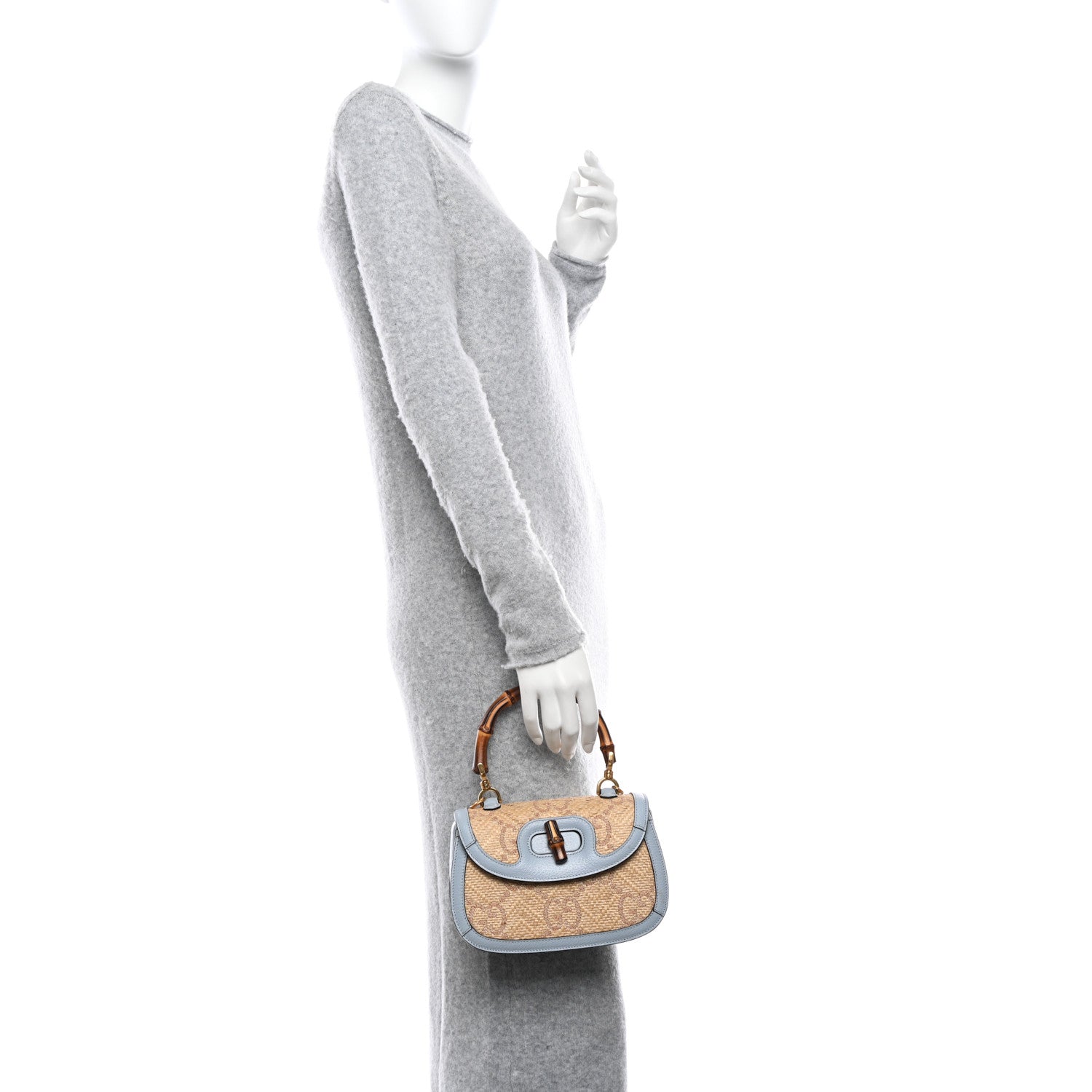 Gucci Raffia Textured Dollar Calfskin GG Monogram Small Bamboo 1947 Top Handle Bag Light Blue Natural 2 of 11