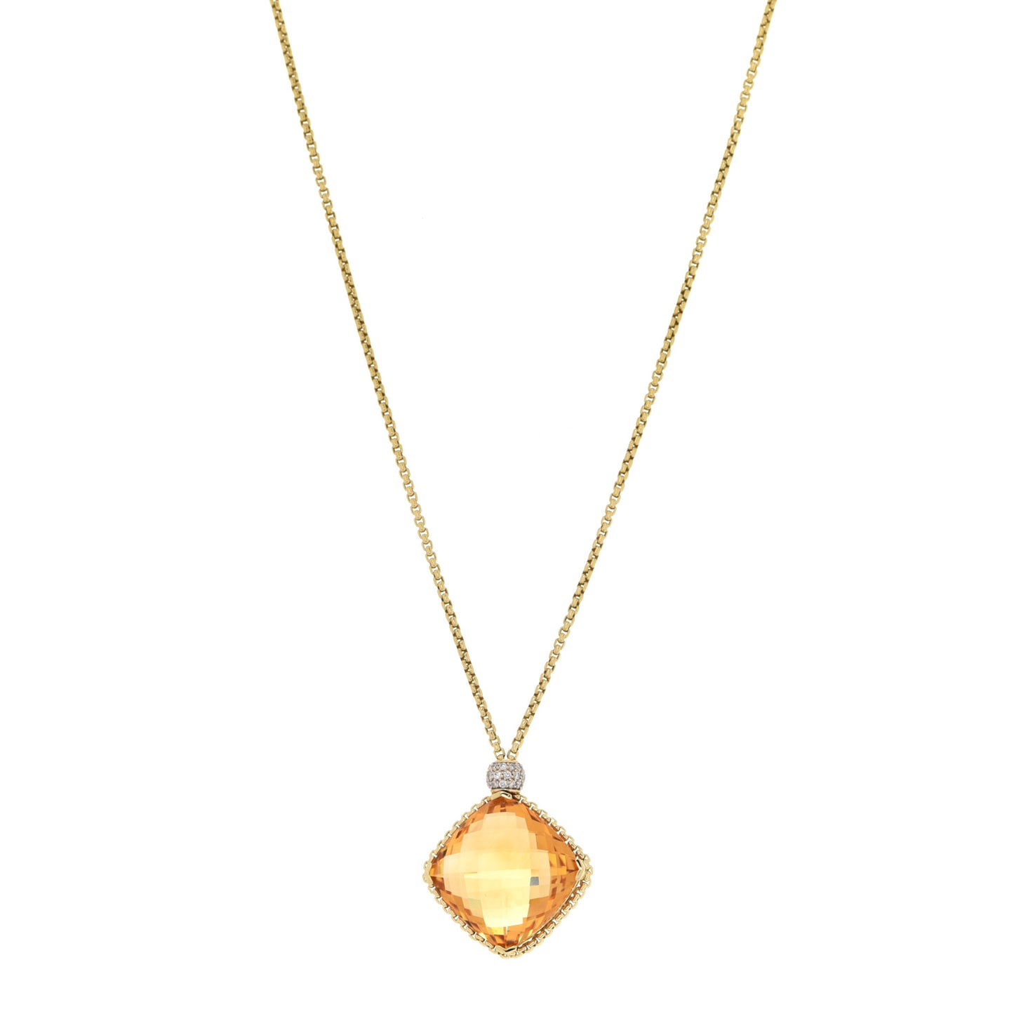 18K Yellow Gold Diamond Citrine Cushion on Point Pendant Necklace