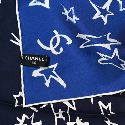 Chanel Silk Star Square Scarf Navy Blue White Blue 3 of 4