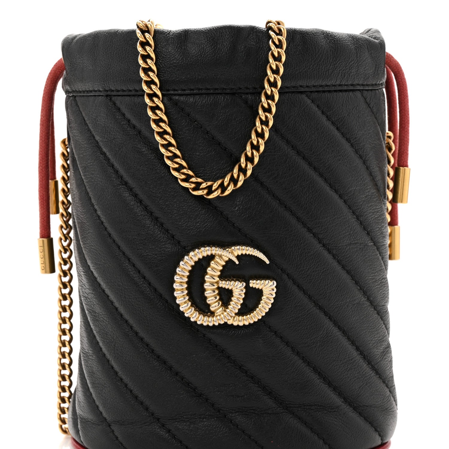 Gucci Vintage Effect Calfskin Matelasse Diagonal Mini Torchon GG Marmont 2.0 Bucket Bag Black Romantic Cherry 8 of 10