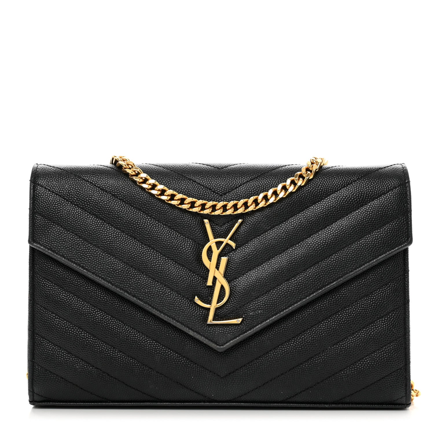 Saint Laurent Grain De Poudre Matelasse Chevron Monogram Chain Wallet Black 1 of 9