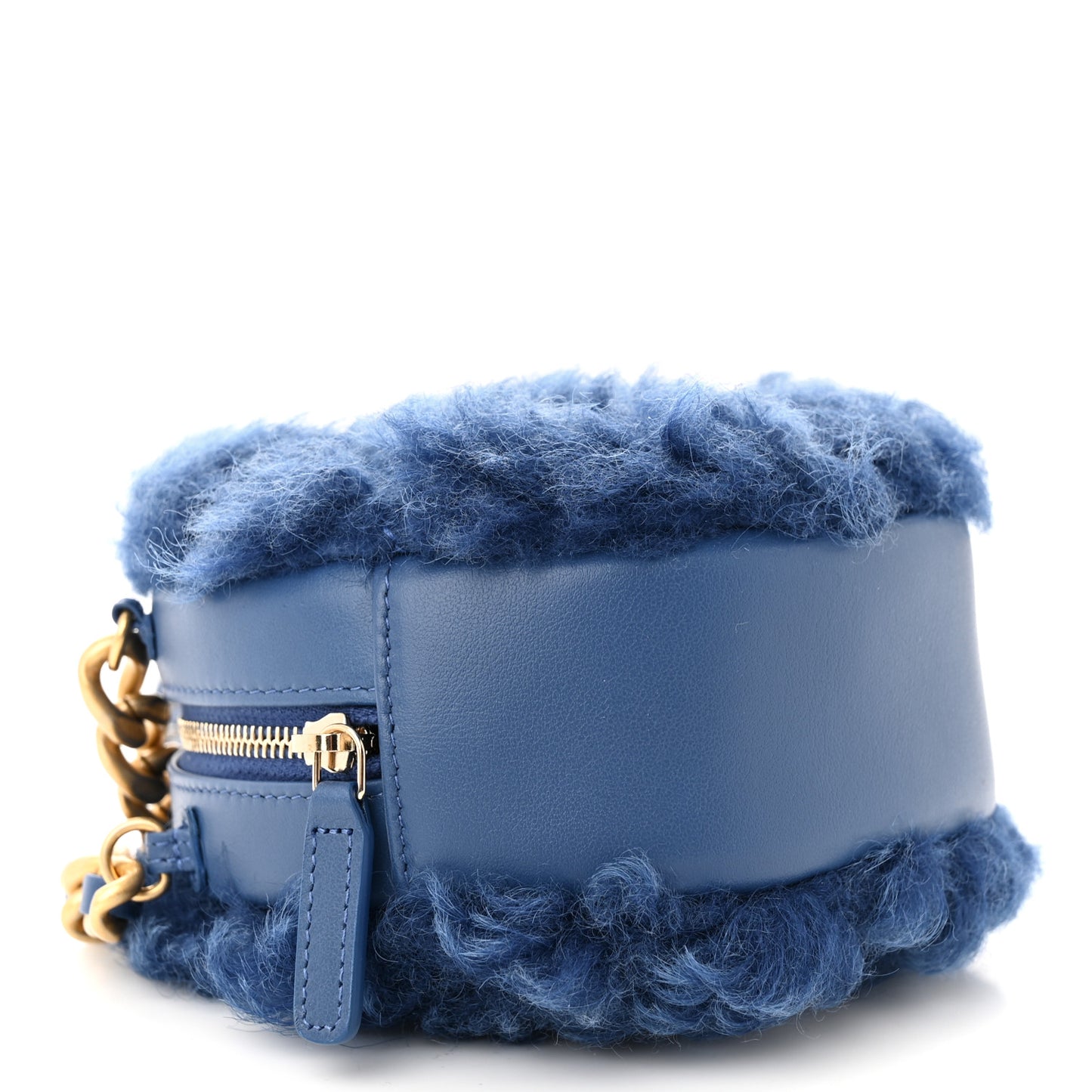 Shearling Sheepskin Chanel 19 Round Clutch With Chain Blue