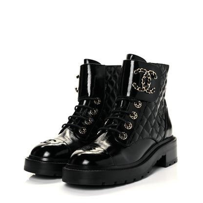 Chanel Shiny Calfskin Quilted Lace Up Combat Boots 37.5 Black 3 of 8