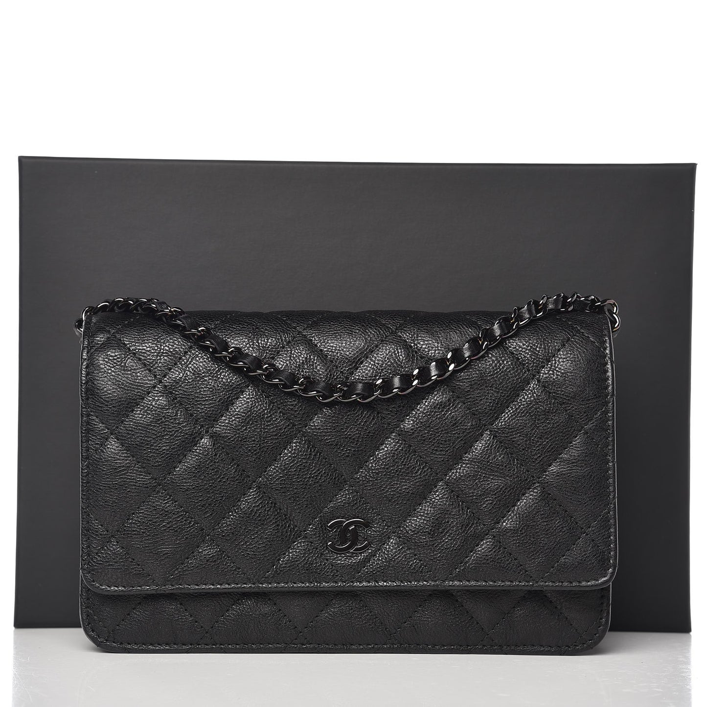 Crumpled Calfskin Quilted Wallet On Chain WOC So Black