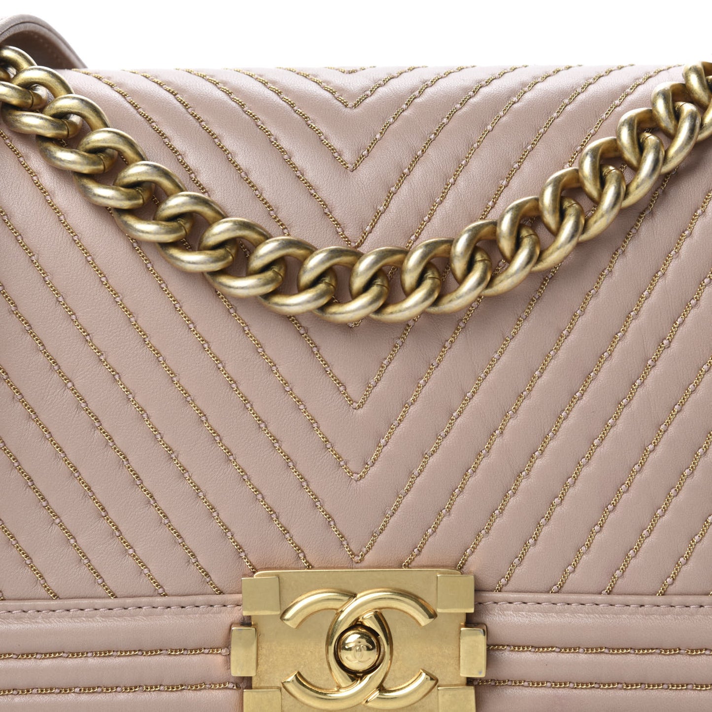 Lambskin Chevron Chain Stitched Medium Boy Flap Beige