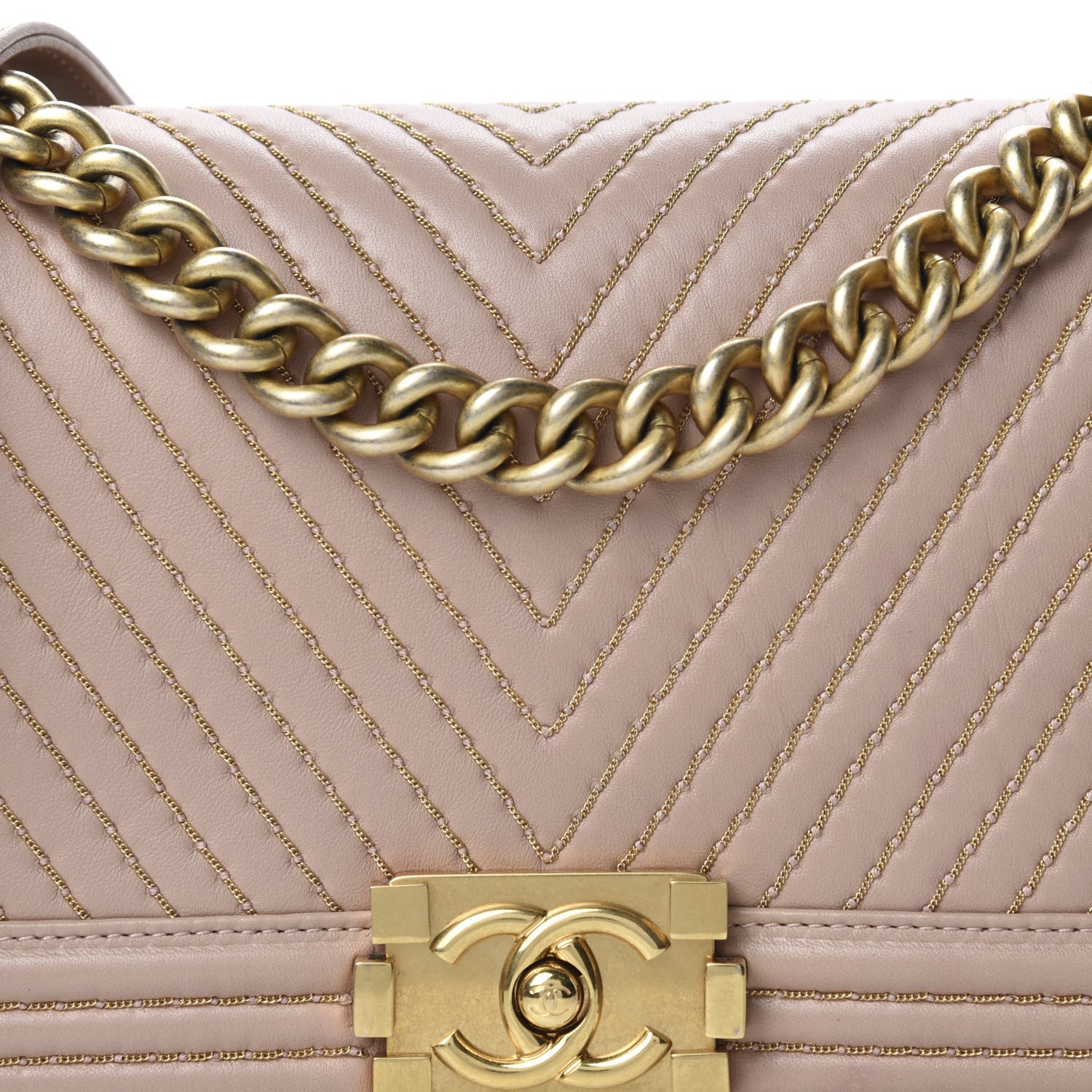 Chanel Lambskin Chevron Chain Stitched Medium Boy Flap Beige 12 of 12