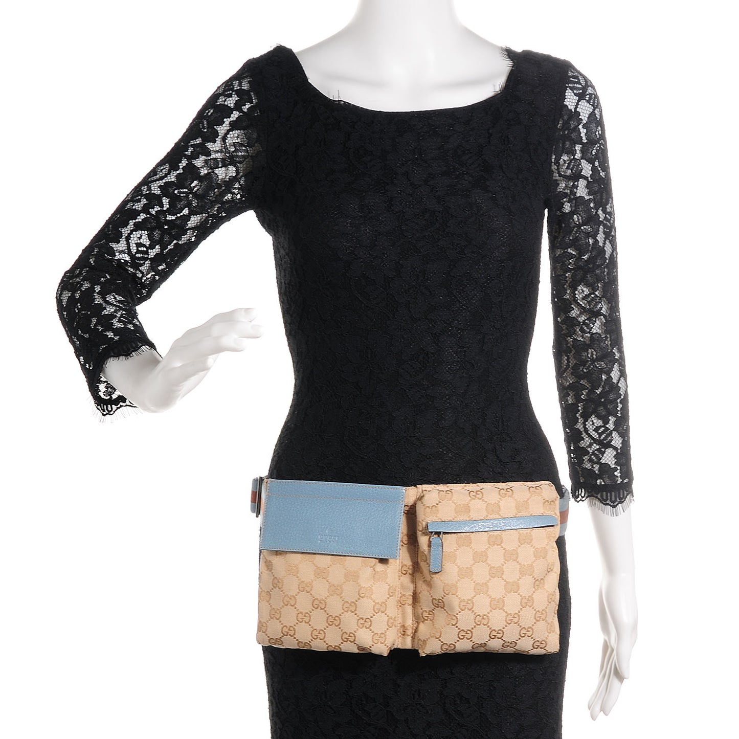 GG Monogram Web Double Pocket Belt Bag Blue