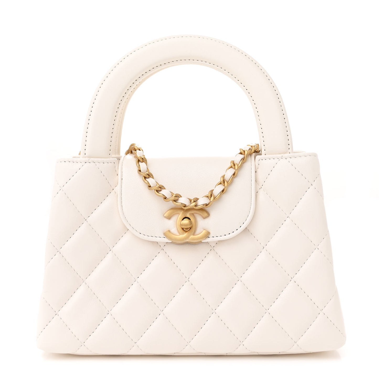 Shiny Aged Calfskin Quilted Nano Kelly Shopper White