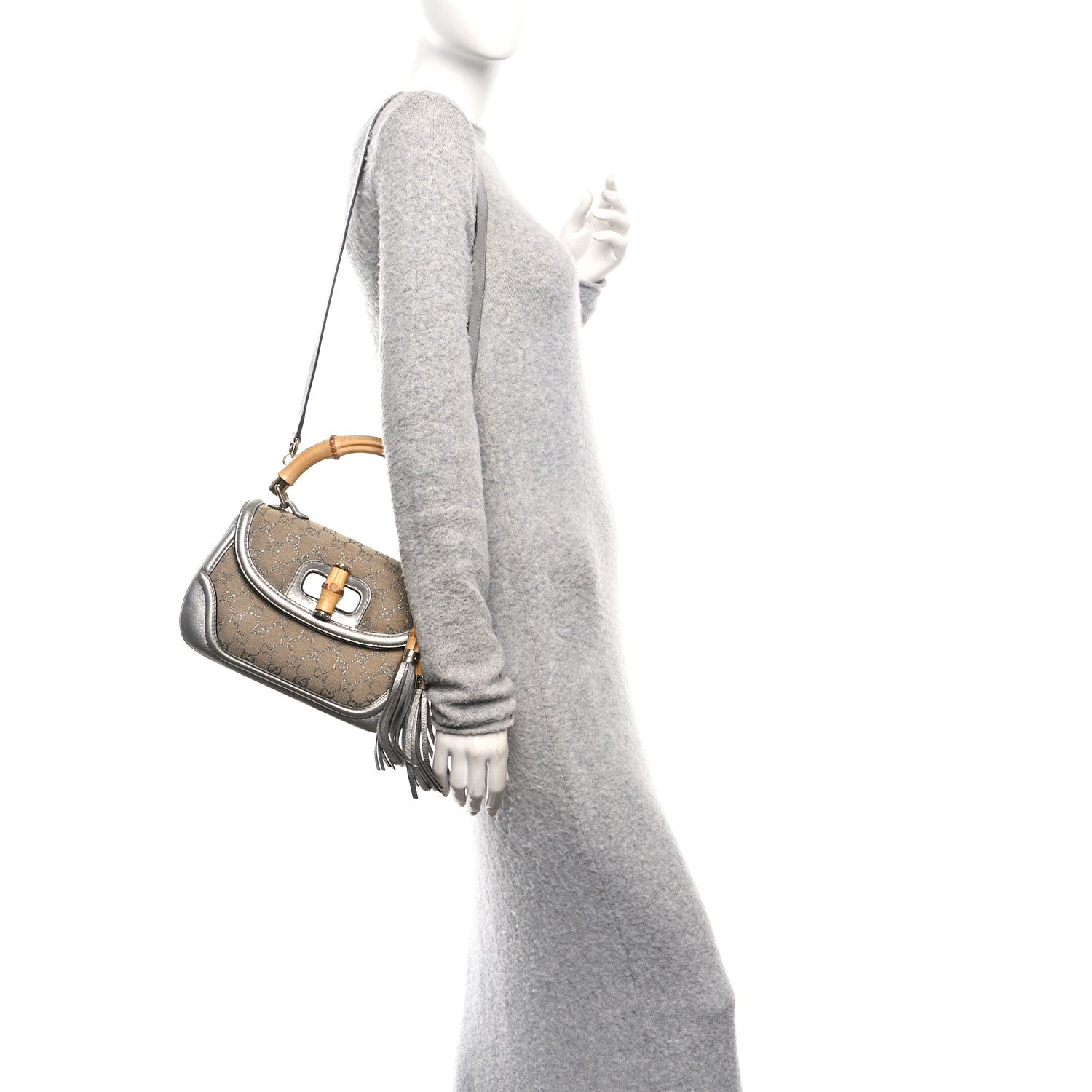 Gucci Monogram Metallic Calfskin Medium New Bamboo Top Handle Bag Silver Beige 2 of 11