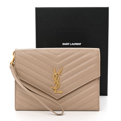 Saint Laurent Grain De Poudre Matelasse Chevron Monogram Envelope Clutch Dark Beige 8 of 8