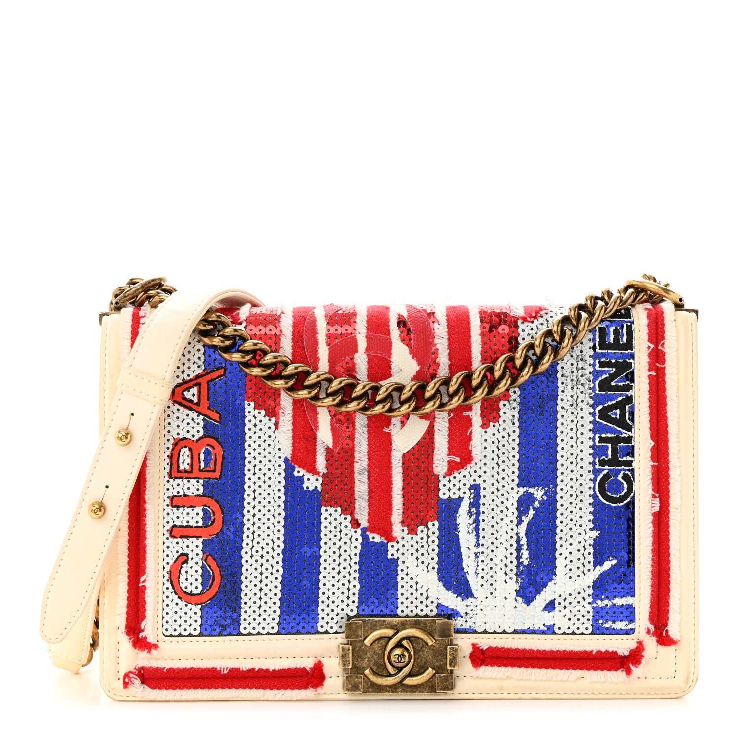 Chanel Sequin Canvas New Medium Cuba Boy Flap White Blue Red 1 of 10