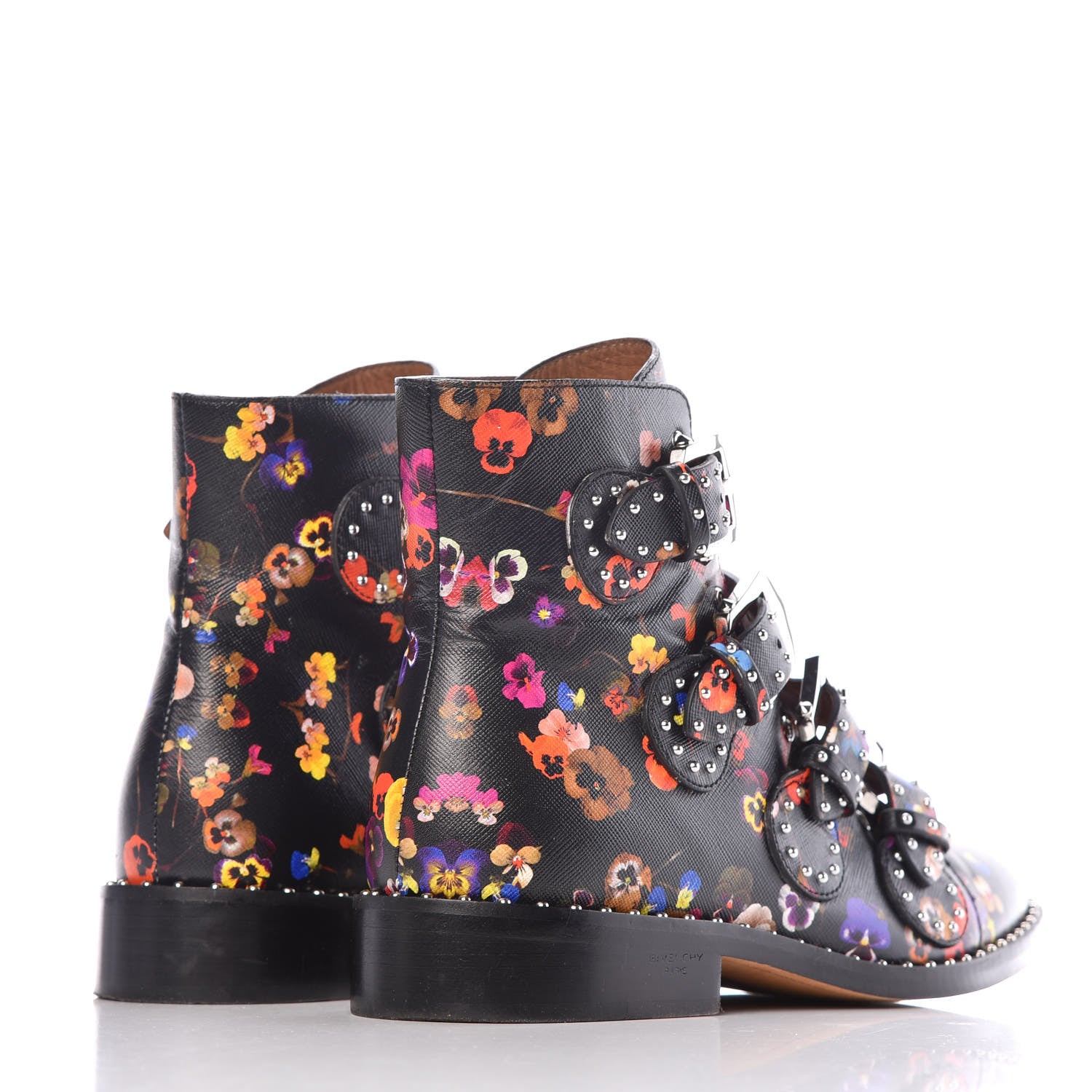 Givenchy Calfskin Studded Pansy Print Elegant Prue Buckle Bootie 39 Black 4 of 9