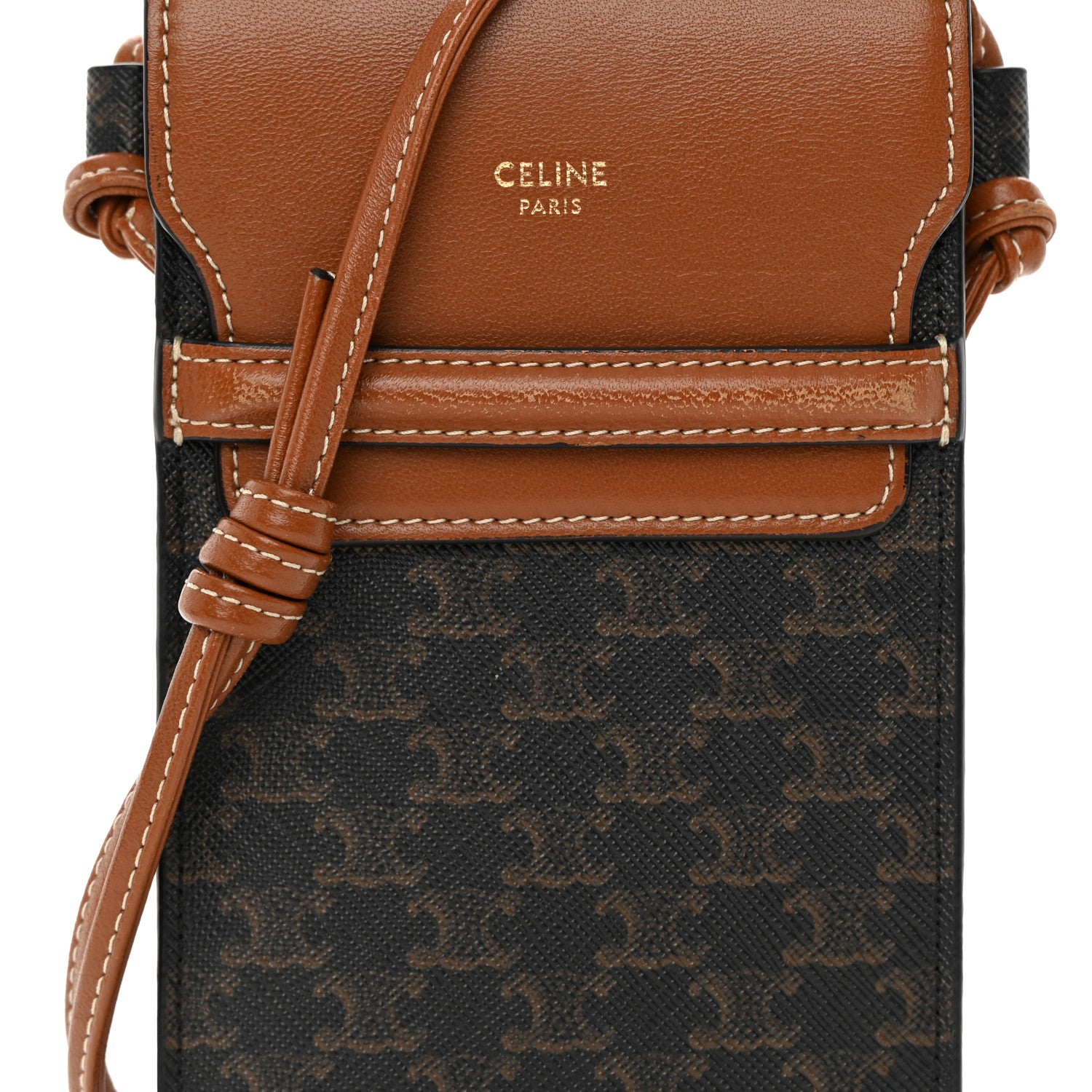 Celine Triomphe Canvas Lambskin Phone Pouch With Flap Tan 9 of 14