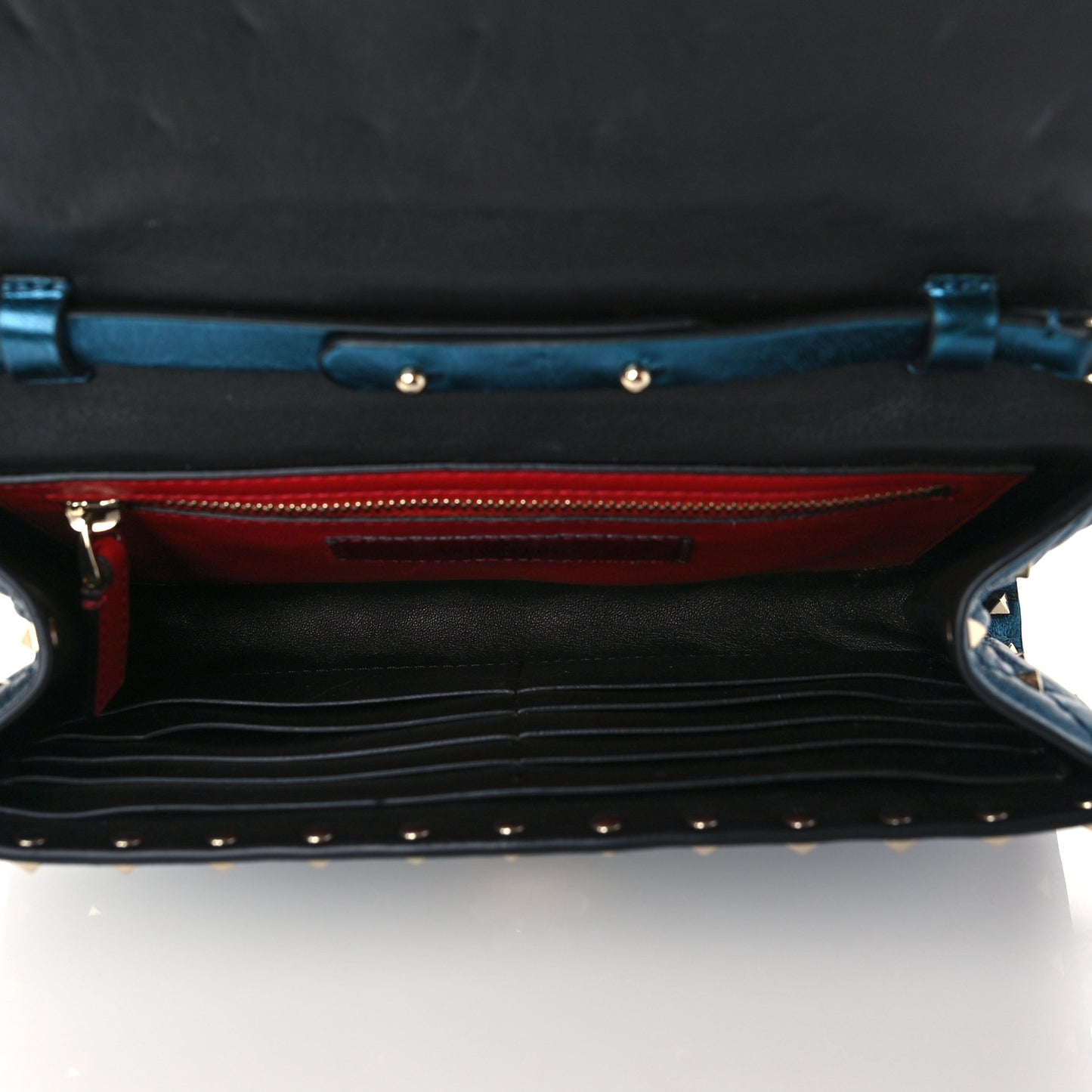 Metallic Wrinkled Lambskin Rockstud Spike Wallet On Chain Peacock