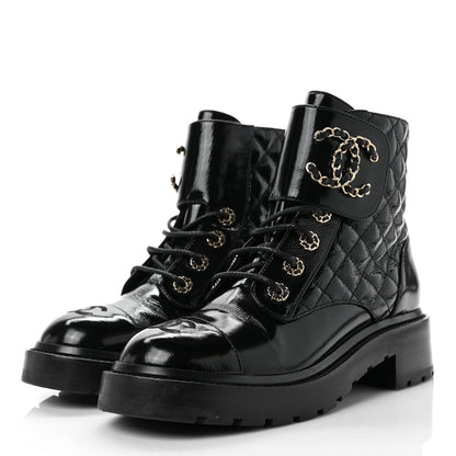 Chanel Shiny Calfskin Quilted Lace Up Combat Boots 37.5 Black 3 of 9