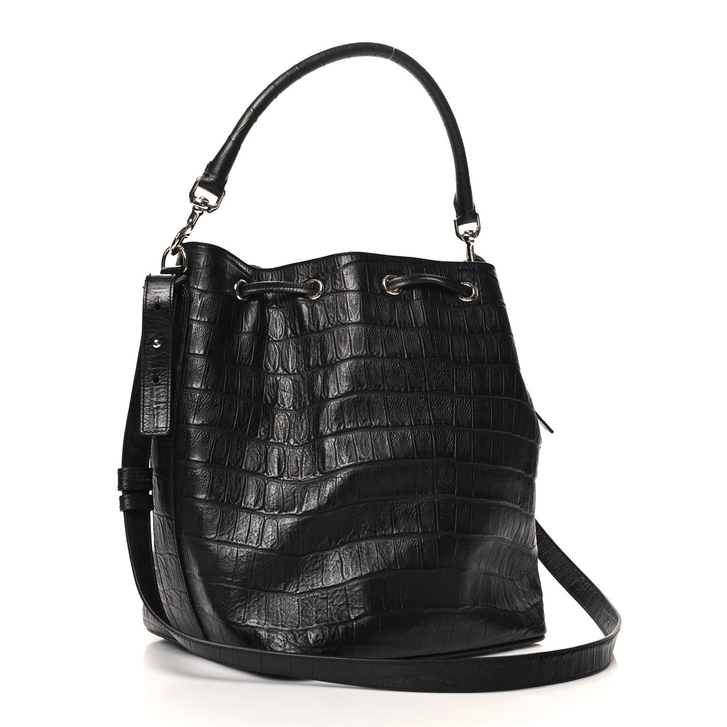 Calfskin Crocodile Embossed Large Emmanuelle Bucket Bag Black