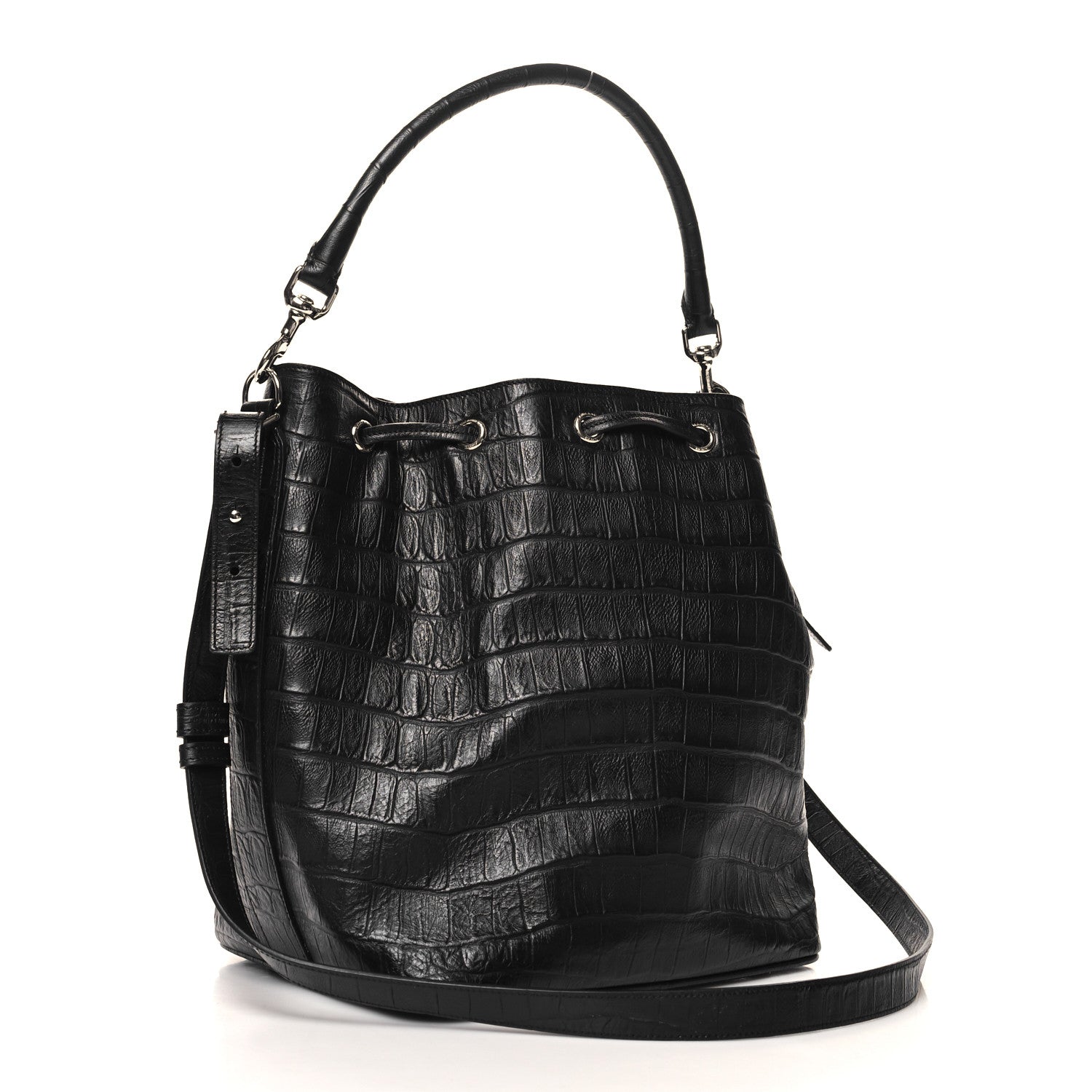 Saint Laurent Calfskin Crocodile Embossed Large Emmanuelle Bucket Bag Black 3 of 12