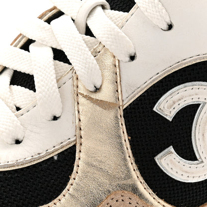 Chanel Mesh Suede Calfskin Grained Calfskin Womens CC Sneakers 41 White Black Beige Gold 10 of 11