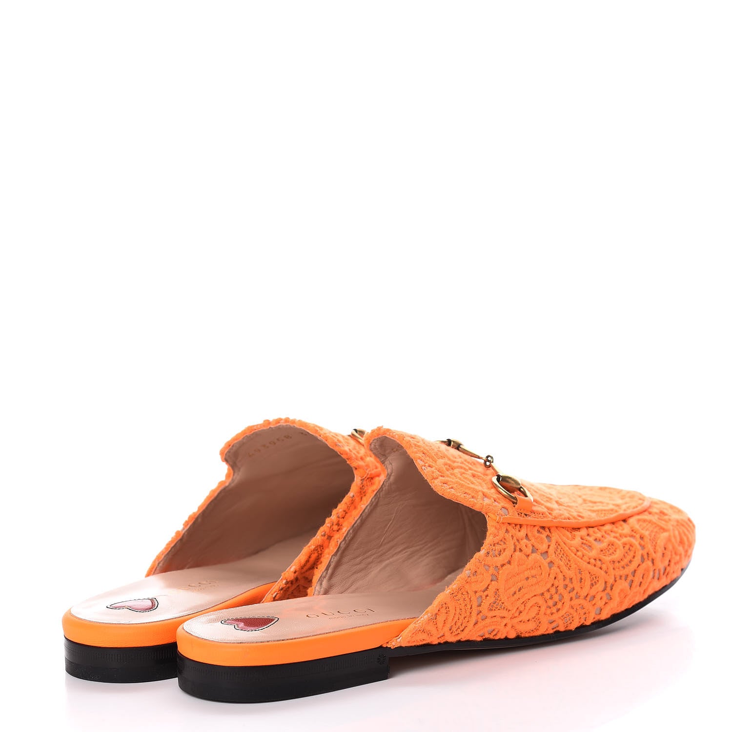Gucci Lace Malaga Kid Womens Princetown Slippers 39.5 Orange Fluo Skin Rose 4 of 7