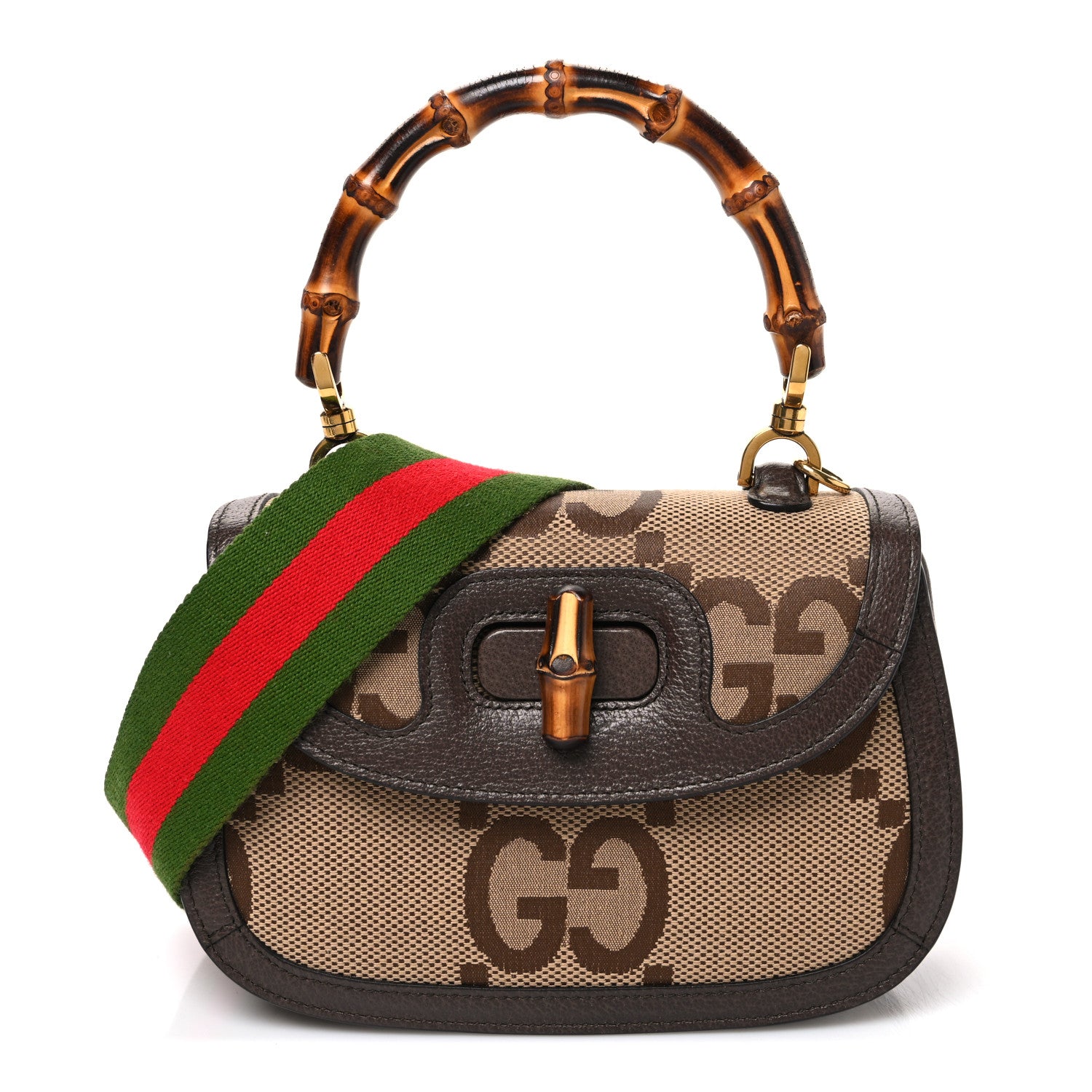 Gucci Monogram Jumbo GG Textured Dollar Calfskin Web Small Bamboo 1947 Top Handle Bag Camel Ebony New Acero 1 of 11