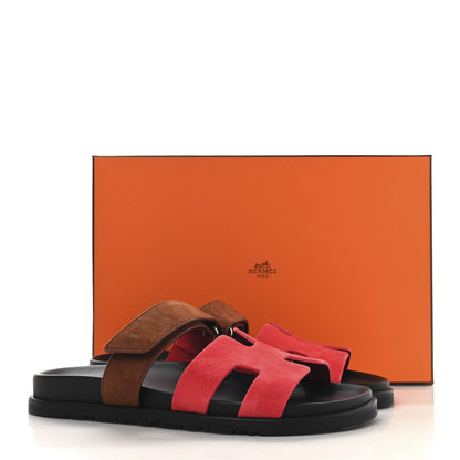 Hermes Suede Goatskin Womens Chypre Sandals Rouge Cinétique 38.5 Rouge Cinétique Gold 10 of 10