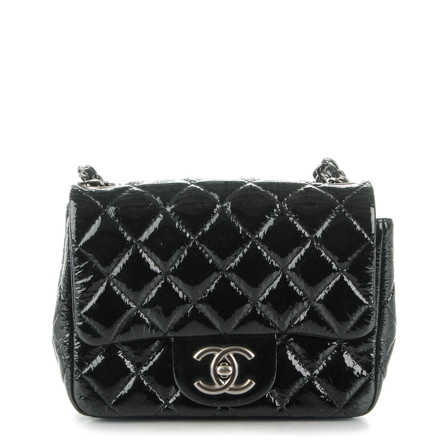 Distressed Patent Calfskin Quilted Mini Square Flap Black
