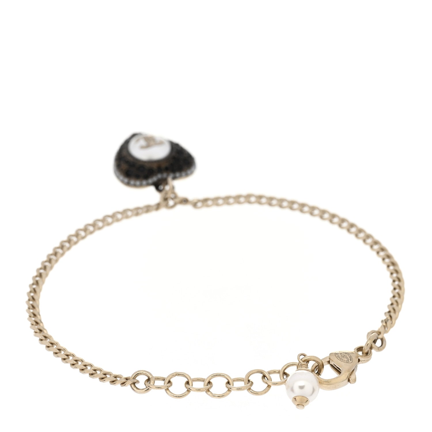 Chanel Crystal Pearl Chain Heart Bracelet Gold 2 of 3