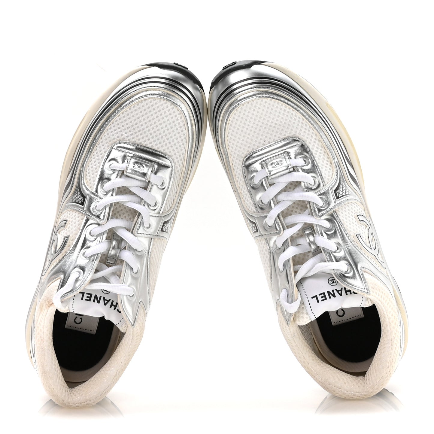 Fabric Laminated Calfskin Stretch CC Womens Sneakers 37.5 White Silver
