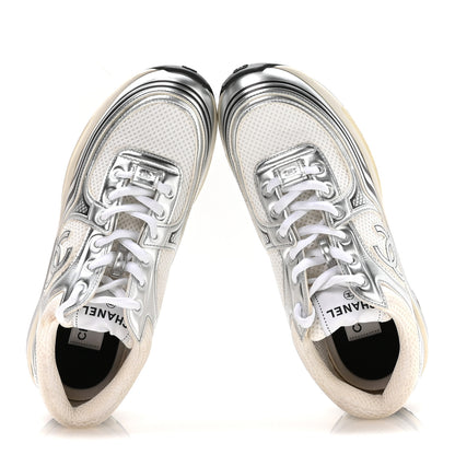 Chanel Fabric Laminated Calfskin Stretch CC Womens Sneakers 37.5 White Silver 2 of 8