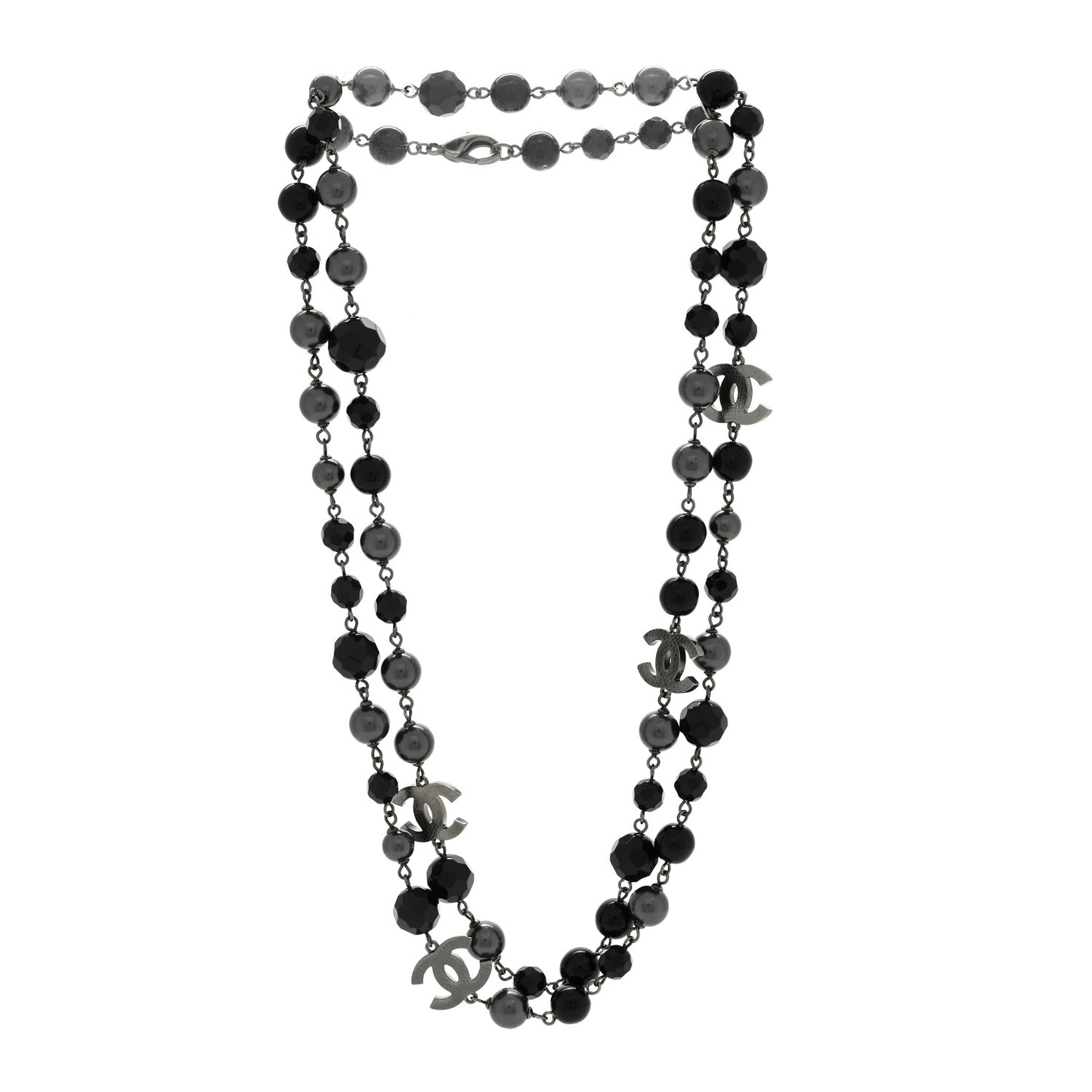 Ruthenium Pearl Beaded CC Long Necklace Black