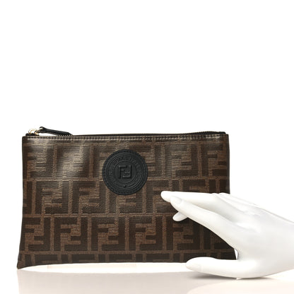 Fendi Glazed Fabric Vitello Century FF 1974 Stamp Patch Small FFreedom Flat Pouch Mogano Panna Black 2 of 8