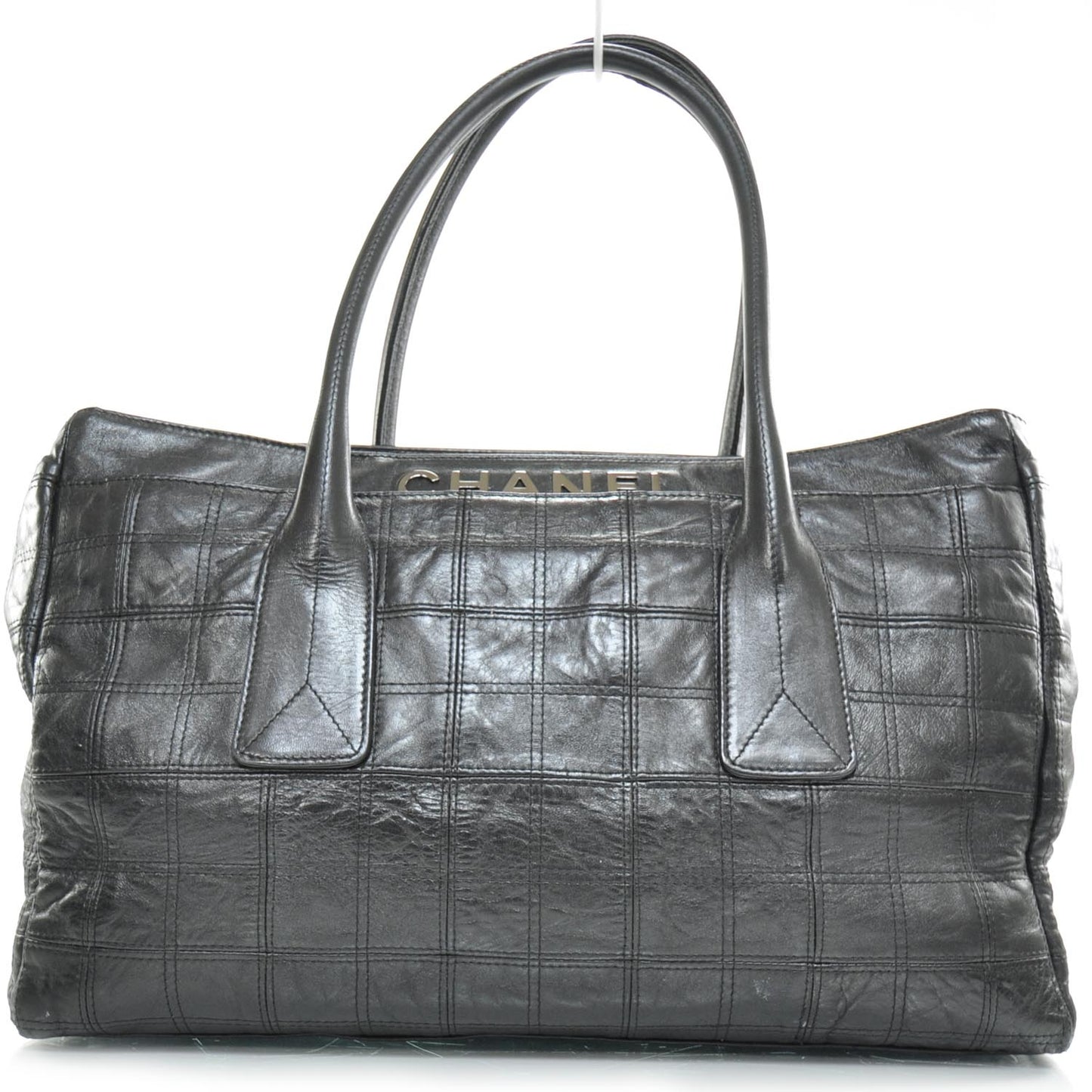 Leather Square Stitched Lax Shopping Tote Black