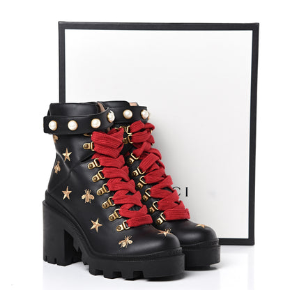 Gucci Calfskin Embroidered Lace Up Combat Ankle Boots 37.5 Black 11 of 11