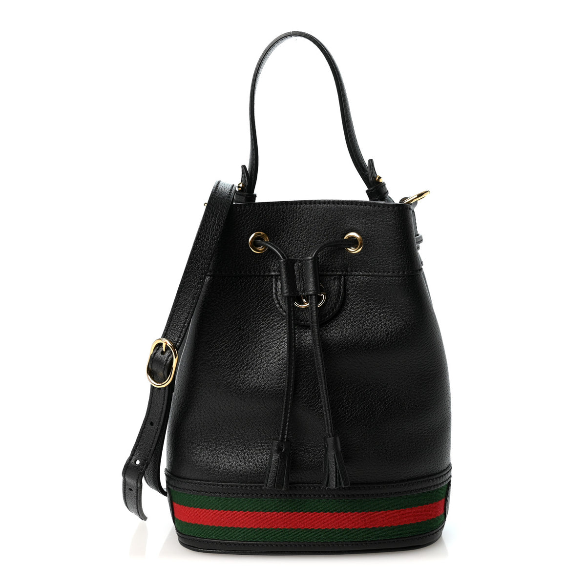 Glazed Textured Calfskin Web Small Ophidia Bucket Bag Black