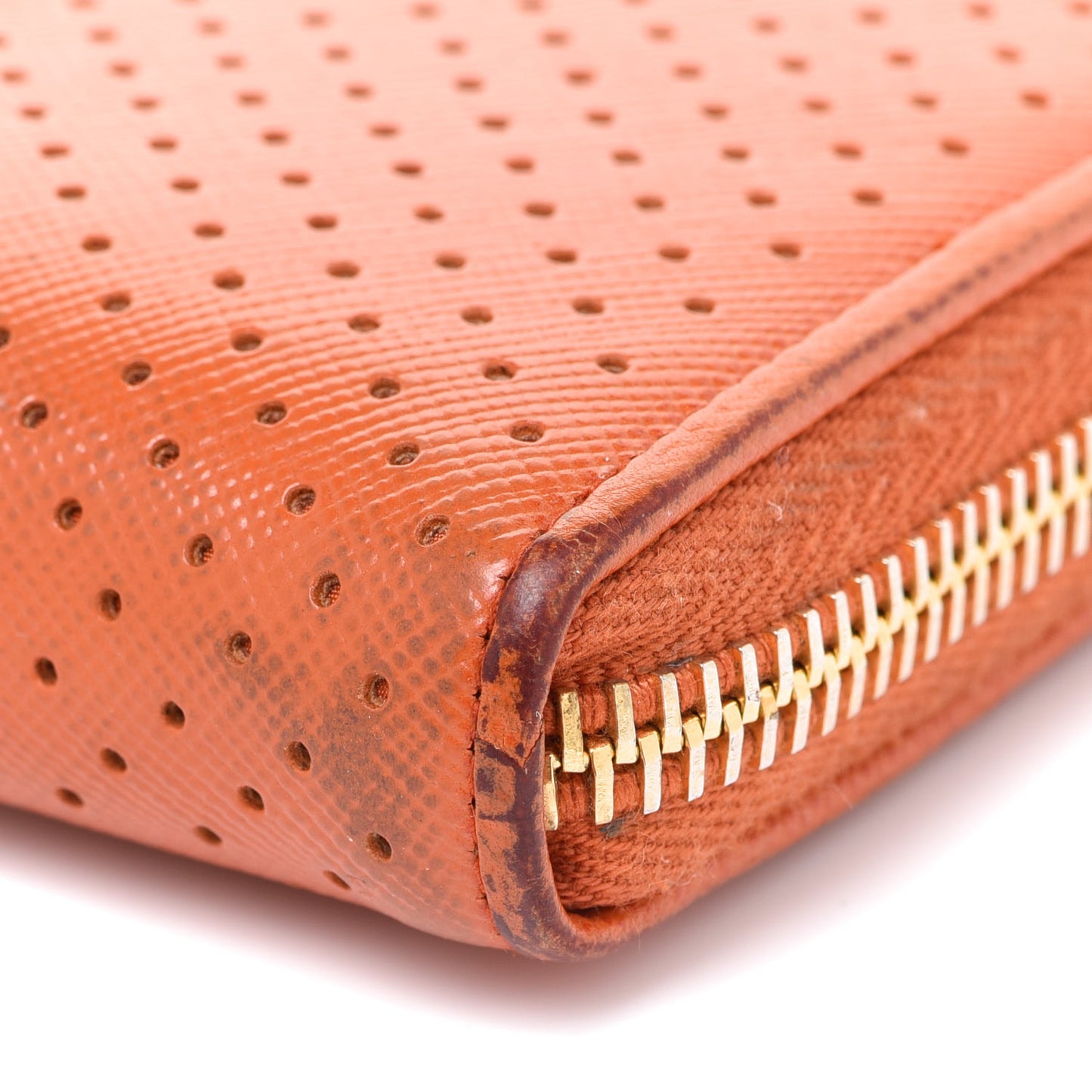 Saffiano Perforated Striped Zip Around Wallet Papaya Caramel