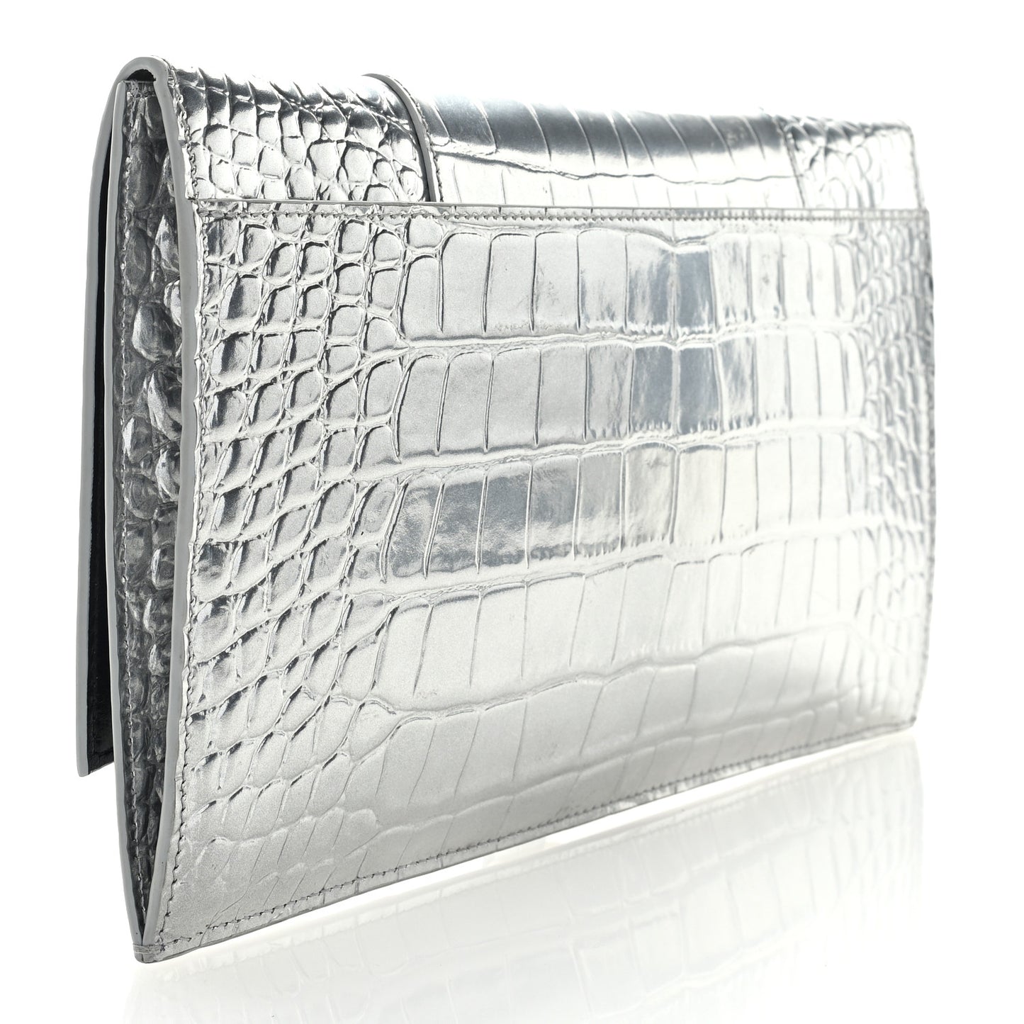 Metallic Calfskin Crocodile Embossed Hourglass Flap Flat Pouch Silver
