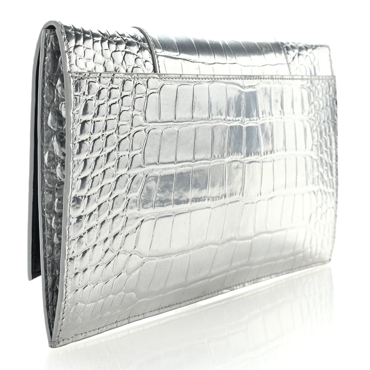 Balenciaga Metallic Calfskin Crocodile Embossed Hourglass Flap Flat Pouch Silver 3 of 6