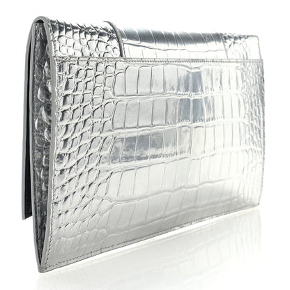 Balenciaga Metallic Calfskin Crocodile Embossed Hourglass Flap Flat Pouch Silver 3 of 6