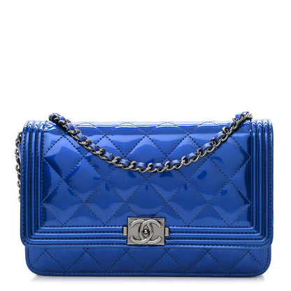 Chanel Metallic Patent Calfskin Quilted Boy Wallet On Chain WOC Blue 1 of 16
