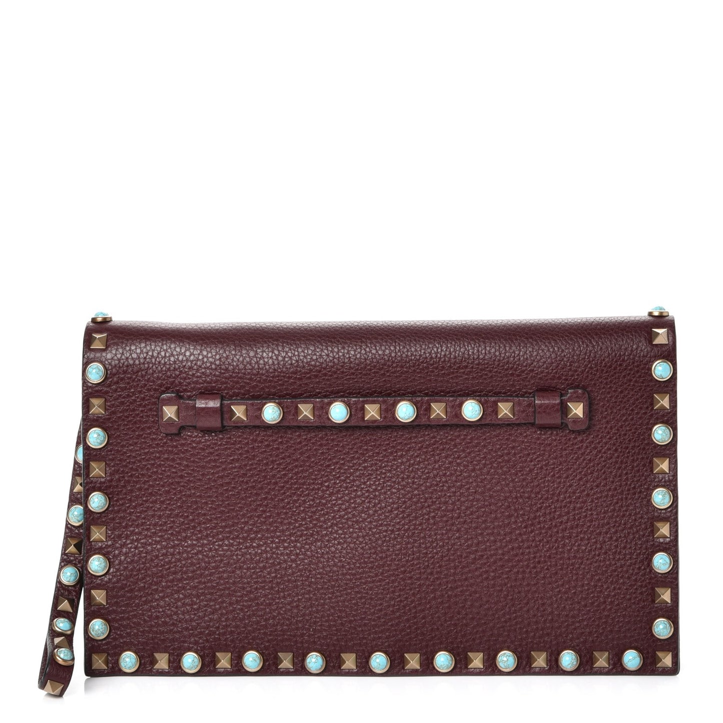 Pebbled Calfskin Rockstud Rolling Wristlet Clutch Rubin