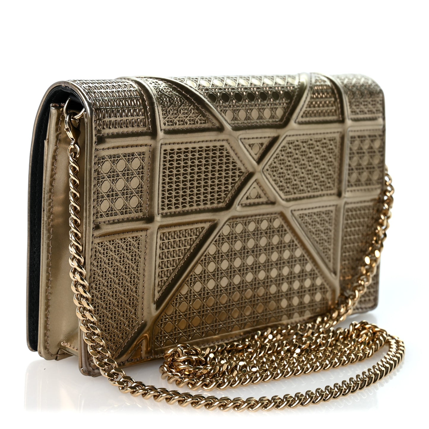 Metallic Patent Micro-Cannage Diorama Wallet on Chain Pouch Gold