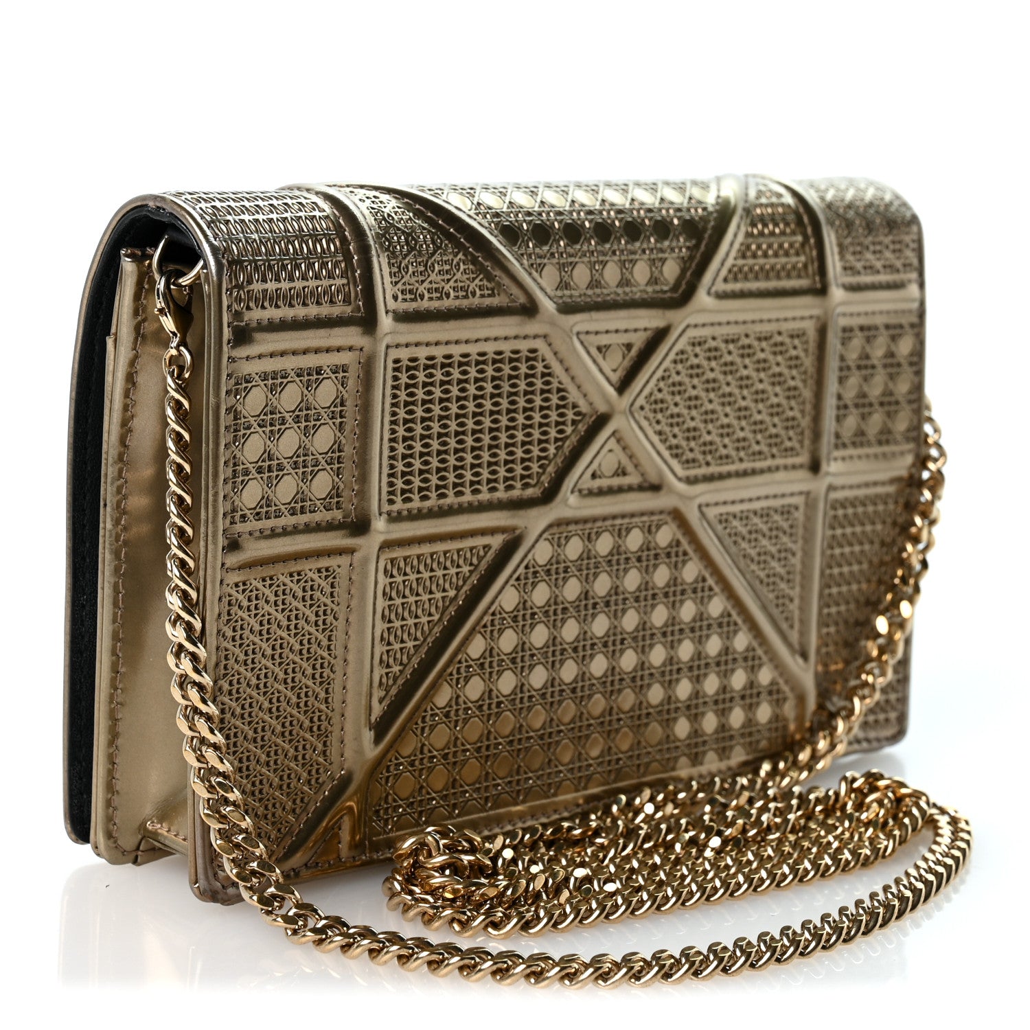 Christian Dior Metallic Patent Micro-Cannage Diorama Wallet on Chain Pouch Gold 3 of 9